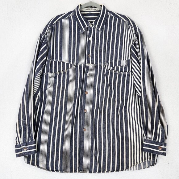 Marithe Francois Girbaud Shirt Mens Large Gray Stripe Vintage Denim USA 90s - Picture 1 of 16